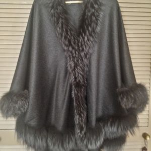 Anthracite (Deep Grey) Cashmere Cape w/ Fox Fur